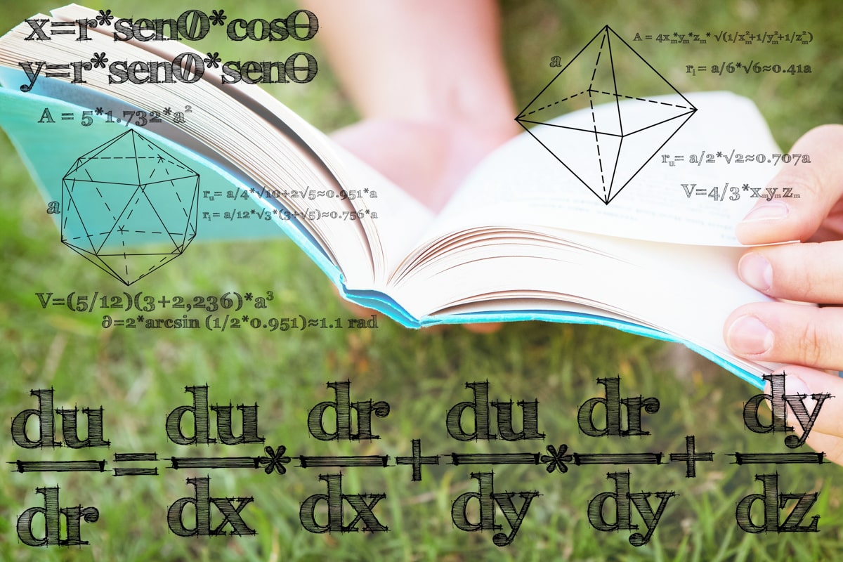 A book being held by hands on top of grass with random math problems overlaid on the image.